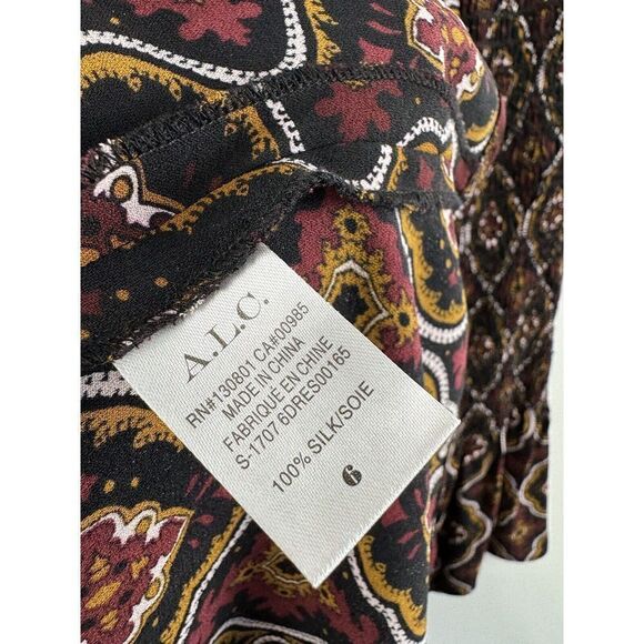 A.L.C. Alexa Smocked Printed 6 Silk Mini Dress Long Bell Sleeve - Picture 7 of 9